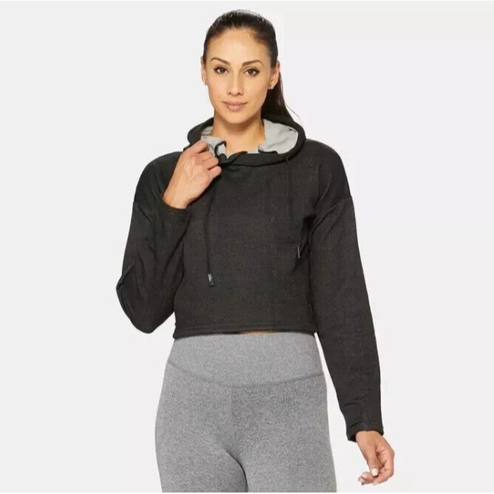 Hylete Women's Eclipse Black Cropped Fleece Hoodie Pocket Long Sleeve Size S